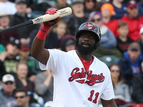 Winnipeg Goldeyes centre-fielder Reggie Abercrombie is in disbelief after being called out on strikes during Game 3 of the best-of-five American Association championship series against the Wichita Wingnuts on Sun., Sept. 18, 2017. Kevin King/Winnipeg Sun/Postmedia Network
