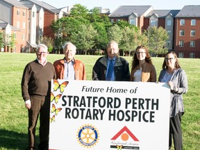 Stratford Perth Rotary Hospice Board Vice-Chair Dennis Young (left), Board Chairman Andy Werner, Rotary Club of Mitchell President Pete Huitema, Stratford Rotoract President Laurie Brown and Rotary Club of Stratford President Linda Bathe post at the future site of the Stratford Perth Rotary Hospice. Absent is Festival City Rotary Club President Peter Moreton. SUBMITTED