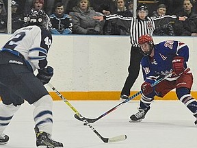 Clinton Radars' Luke Vick rushes into the Saugeen Shores Winterhawks’ zone in this file photo. Vick, along with several other strong returning and new players will make up the Radars 2017-2018 roster.