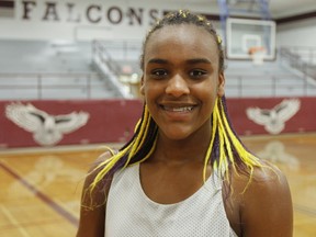 Aaliyah Edwards of the Frontenac Falcons senior girls basketball team, seen here at practice on Sept. 13, is staying at Frontenac after turning down chances to transfer to schools in bigger cities. (Julia McKay, The Whig-Standard)