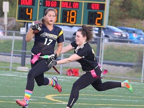 High school flag football kicked off with a game between the Notre Dame Alouettes and the Lively Hawks in Sudbury, Ont. on Monday September 18, 2017. Marleah Harber of the Lively Hawks attempts to tag out Talia Eusepi of the Notre Dame Alouettes.Gino Donato/Sudbury Star/Postmedia Network