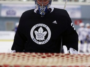 Frederik Andersen takes to the net during Leafs training camp at the Gale Centre in Niagara Falls on Sept. 17, 2017. (Dave Abel/Toronto Sun/Postmedia Network)