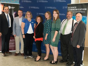 Supplied photo
Guy Labine, Jim Marchbank, Amy Henson, Dr. Chantal Barriault, Jenna Saffin, Michelle Reid, Claude Lacroix, Dr. Pierre Zundel celebrate Canada’s first and only comprehensive masters program in science communication.