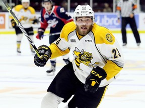 Sarnia Sting's Curtis Egert (23) plays against the Windsor Spitfires during an OHL exhibition game at Progressive Auto Sales Arena in Sarnia, Ont., on Saturday, Sept. 16, 2017. (Mark Malone/Chatham Daily News)