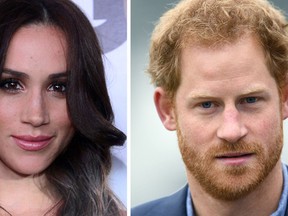 This combination of file photos created in London on November 8, 2016, shows Meghan Markle (L) as she poses on arrival for the GQ Men of the Year Party in Hollywood, California, on November 13, 2012, and Britain's Prince Harry as he arrives at Lord's cricket ground in London on October 7, 2016.  (AFP PHOTO / FREDERIC J. BROWN AND Justin TALLIS)