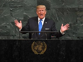 President Donald Trump addresses the UN General Assembly in New York on September 19, 2017. (TIMOTHY A. CLARY/Getty Images)