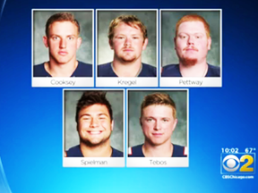 Five Wheaton football players are wanted for allegedly hazing a teammate.