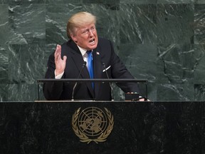U.S. President Donald Trump addresses the United Nations General Assembly at UN headquarters, September 19, 2017 in New York City. Among the issues facing the assembly this year are North Korea's nuclear developement, violence against the Rohingya Muslim minority in Myanmar and the debate over climate change. (Photo by Drew Angerer/Getty Images)