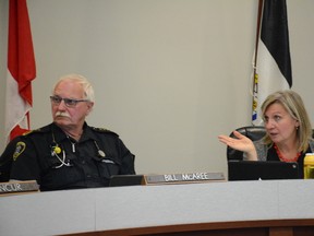 Whitecourt Town Council held its regular meeting on Sept. 11. From the left, Coun. Bill McAree and Whitecourt Mayor Maryann Chichak (Peter Shokeir | Whitecourt Star).