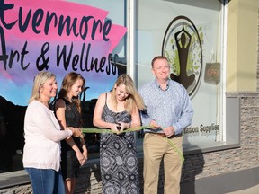 The new Evermore Art and Wellness Studio hosted its opening ceremony on Sept. 16. From the left, Whitecourt Mayor Maryann Chichak, Evermore assistant manager Helen Roberts, Evermore owner Justine Vandenhouten and Woodlands County Mayor Jim Rennie (Peter Shokeir | Whitecourt Star).