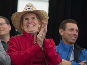 Ontario Premier Kathleen Wynne shares the stage with PC leader Patrick Brown during the opening ceremony of the 100th International Plowing Match in Walton. (DEREK RUTTAN, The London Free Press)