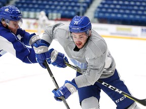 Sudbury Wolves forward David Levin runs through a drill during team practice in Sudbury, Ont. on Tuesday September 19, 2017. Gino Donato/Sudbury Star/Postmedia Network