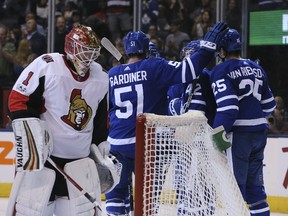 The Maple Leafs celebrate a goal by forward James van Riemsdyk during pre-season action against the Ottawa Senators at the Air Canada Centre in Toronto on Tuesday, Sept. 19, 2017. (VERONICA HENRI/TORONTO SUN)