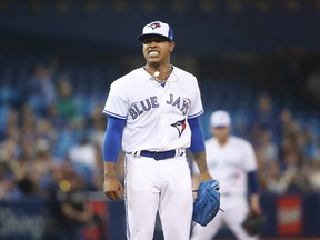 Marcus Stroman of the Toronto Blue Jays reacts after the Blue Jays narrowly missed turning a double play in the seventh inning during MLB action against the Kansas City Royals at Rogers Centre on Sept. 19, 2017. (Tom Szczerbowski/Getty Images)