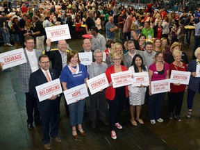 Breaking with tradition, the 2017 United Way campaign for London Middlesex did not set a financial goal at the annual Harvest Lunch held at Budweiser Gardens on Wednesday, September 20, 2017. Staff and volunteers held signs emphasizing the human goals of the campaign (MORRIS LAMONT, The London Free Press)