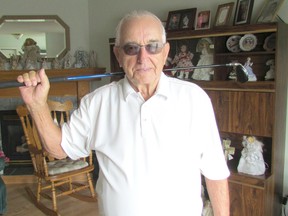 Tom Lumley, shown here at home in Sarnia Wednesday, had a hole-in-one while golfing last week, just days before his 84th birthday. It was his third.
(Paul Morden/Sarnia Observer)