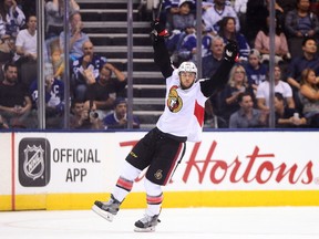 Ottawa Senators defenceman Fredrik Claesson celebrates his goal against the Toronto Maple Leafs during NHL action in Toronto on Sept. 19, 2017. (THE CANADIAN PRESS/Frank Gunn)