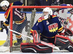 Belleville native Pierce Nelson in goal for the Wellington Dukes at this week's Governors Showcase in Buffalo. (Andy Corneau/OJHL Images)