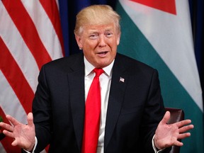 President Donald Trump speaks during a meeting with Jordan's King Abdullah II at the Palace Hotel during the United Nations General Assembly, Wednesday, Sept. 20, 2017, in New York. (AP Photo/Evan Vucci)