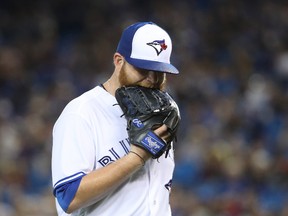 Brett Anderson of the Toronto Blue Jays exits the game as he is relieved in the second inning during MLB action against the Kansas City Royals at Rogers Centre on Sept. 20, 2017. (Tom Szczerbowski/Getty Images)
