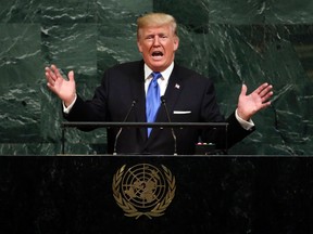 In this Sept. 19, 2017, file photo, U.S. President Donald Trump addresses the 72nd session of the United Nations General Assembly, at U.N. headquarters. North Korean Foreign Minister Ri Yong Ho on Wednesday, Sept. 20, 2017 in New York described as "the sound of a dog barking" Trump's threat to destroy his country. (AP Photo/Richard Drew, File)