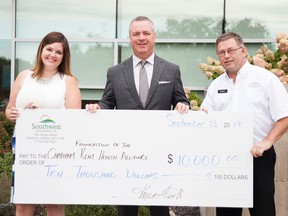 The Foundation of Chatham-Kent Health Alliance has announced that five local funeral homes have made a $10,000 donation to the CKHA Diagnostic Imaging Equipment Renewal Campaign. This is their first collaborative donation to the Foundation of CKHA. Making the donation is Kevin Cavanagh, Haycock-Cavanagh Funeral Home, left, Candice Jeffrey, Foundation of CKHA, Kirby Butler, Southwest Crematorium. A representative from Nichols Funeral Home was not able to be present.
