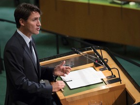 Canadian Prime Minister Justin Trudeau addresses the United Nations General Assembly at U.N. headquarters in New York on Thursday, Sept. 21, 2017. (Mary Altaffer/AP Photo)