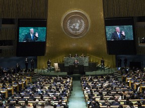 U.S. President Donald Trump addresses the United Nations General Assembly at UN headquarters, September 19, 2017 in New York City. Among the issues facing the assembly this year are North Korea's nuclear developement, violence against the Rohingya Muslim minority in Myanmar and the debate over climate change. (Photo by Drew Angerer/Getty Images)