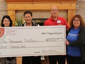 Vince Rodrigue, left, of Union Gas, Angie Gilchrist, programs co-ordinator, Melanie Kanerva, St. Joseph’s Foundation chair, Roger Leveille, site administrator, and Michele Roy, of Union Gas, take part in a cheque presentation. Supplied photo