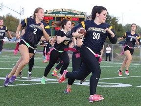 High school flag football kicked off with a game between the Notre Dame Alouettes and the Lively Hawks in Sudbury, Ont. on Monday September 18, 2017. Sarah Bonin of the Notre Dame Alouettes makes a run with the ball.Gino Donato/Sudbury Star/Postmedia Network