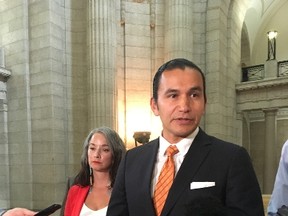 Newly minted NDP leader Wab Kinew unveiled his caucus critic team at the Manitoba Legislature in Winnipeg on Thursday, Sept. 21, 2017. Nahanni Fontaine (left) was appointed NDP house leader. TOM BRODBECK/Winnipeg Sun/Postmedia Network