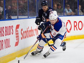 Winnipeg Jets Francis Beauvillier (left) tries to check Edmonton Oilers Davis Koch off the puck during NHL preseason hockey action at the Young Stars Classic held at the South Okanagan Events Centre in Penticton, BC, September, 9, 2017. (Richard Lam/PNG) (For ) 00050535A