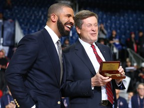 Rapper Drake gets a key to the city from Mayor John Tory ahead of the NBA celebrity game at the Ricoh Coliseum in Toronto on Friday, Feb. 12, 2016. (DAVE ABEL/TORONTO SUN)