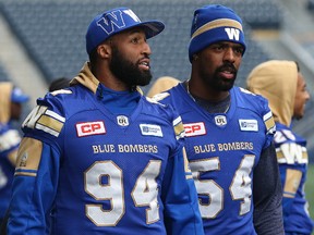 Defensive ends Jackson Jeffcoat (left) and Tristan Okpalaugo walk and talk during the Winnipeg Blue Bombers walkthrough at Investors Group Field in Winnipeg on Thurs., Sept. 22, 2017. The Bombers face the Ottawa RedBlacks on Friday. Kevin King/Winnipeg Sun/Postmedia Network