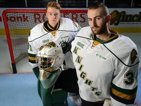 As the season opens Friday at Budweiser Gardens, London Knights are counting on net results from goaltenders Jordan Kooy, left, and Tyler Johnson, a tandem with a lot of ability. Both will be counted on to take on bigger roles with the departure of Tyler Parsons. (MORRIS LAMONT, The London Free Press
