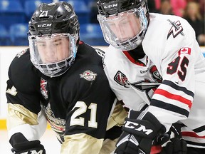 Trenton Golden Hawks forward Caleb Boman (21) bagged the game-winner Thursday night in Buffalo where TGH got past Milton 3-2 at the Governors Showcase. (Amy Deroche/OJHL Images)