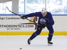 Oilers forward Jesse Puljujarvi takes shots during an Edmonton Oilers skate at Rogers Place in Edmonton, Alberta on Thursday, September 7, 2017.