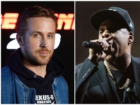 This combination photo shows Ryan Gosling at CinemaCon 2017 on March 27, 2017, in Las Vegas, left, and Jay Z performing at a campaign rally for Democratic presidential candidate Hillary Clinton in Cleveland on Nov. 4, 2016. Gosling will host the 43rd season opener of "Saturday Night Live," on Sept. 30. Jay-Z will be the musical guest. (AP Photo/File)