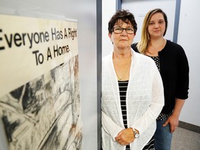 Luke Hendry/The Intelligencer
Hastings Housing Resource Centre's Reta Sheppard, left, and Taylor Wilson stand outside an office at the agency's headquarters Friday in Belleville. Centre staff are among those to have declared an affordable-housing crisis due to the lack of vacancies.