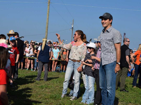 Prime Minister Justin Trudeau, wife Sophie Gregoire Trudeau and children Ella-Grace, Hadrien and Xavier greet Grade 1 and 2 pupils from St. James Catholic elementary school in Seaforth. The students wrote a letter to the prime minister inviting him to attend this year's International Plowing Match and Rural Expo. (Jennifer Bieman/The London Free Press)