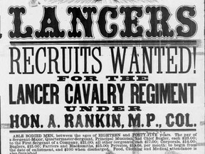 A vintage handbill advertises recruits wanted for a lancer regiment headed by Arthur Rankin to fight in the U.S. Civil War.