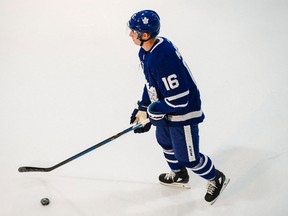 Toronto Maple Leafs' Mitch Marner skates during a photo shoot on the first day of training camp in Toronto on Sept. 14, 2017. (THE CANADIAN PRESS/Christopher Katsarov)
