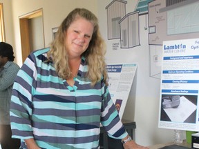 Lambton College student Anastacia Brie demonstrates a foot-powered washing machine that is the subject of college research. (NEIL BOWEN/Sarnia Observer)