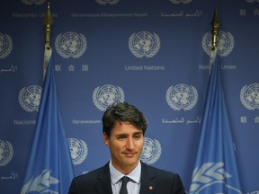 Prime Minister Justin Trudeau holds a press briefing during the United Nations General Assembly at UN headquarters, September 21, 2017 in New York City.  (Drew Angerer/Getty Images)