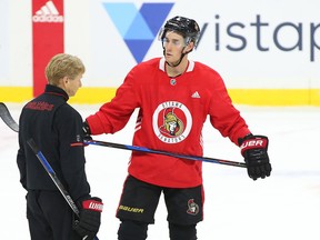 Kyle Turris of the Ottawa Senators listens to the assistant coach Rob Cookson after the morning skate at Canadian Tire Centre on Sept. 22, 2017. (Jean Levac/Postmedia)