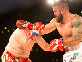 Adam Braidwood fights Christian Larrondo in the KO Boxing card at the Shaw Conference Centre on Friday September 22, 2017 in Edmonton.