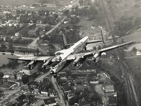 Alberta Aviation Museum
Lancaster KB882 flies over Edmundston, N.B., on its final flight on July 14, 1964. Since then, the Lanc has been on display in Edmundston, but will soon find a new home at the National Air Force Museum in Trenton.