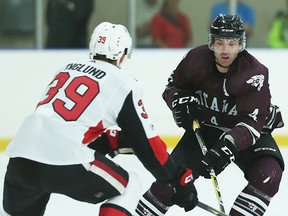 Belleville Senators defenceman Andreas Englund cuts off an Ottawa Gee Gees forward during an AHL/USports pre-season exhibition game Friday night at Minto Arena in Ottawa. B-Sens won, 3-1. (Greg Mason photo)