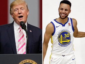 U.S. President Donald Trump is withdrawing an invitation to Stephen Curry of the NBA champion Warriors. (Brynn Anderson/Marcio Jose Sanchez/AP Photos)