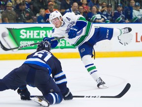 Canucks forward Brock Boeser gets off a shot during an exhibition game against the Jets. (PNG/photo)